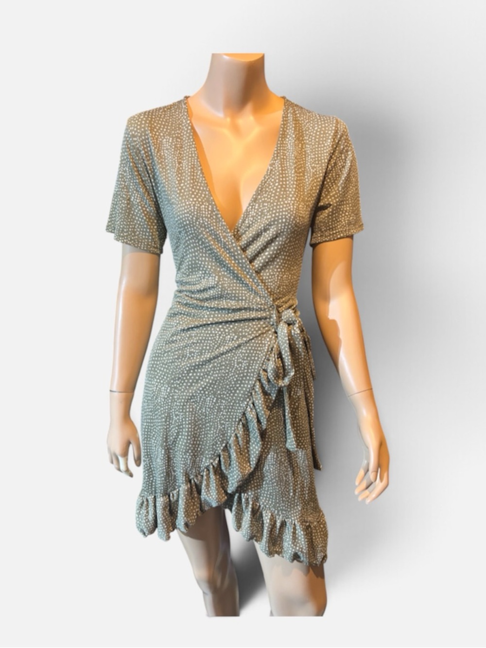 ONLY Sage Green Polka-Dot Wrap  Dress with Ruffle Hem
